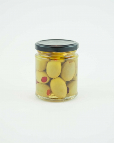 Red pepper stuffed green olives